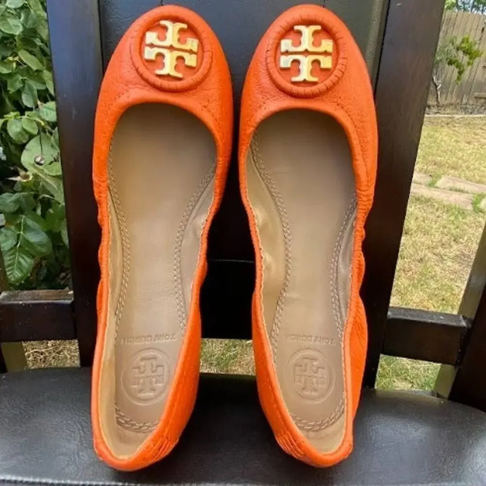 Tory Burch Minnie Travel Ballet Leather Casual Orange Women's US 5 Slip-Ons